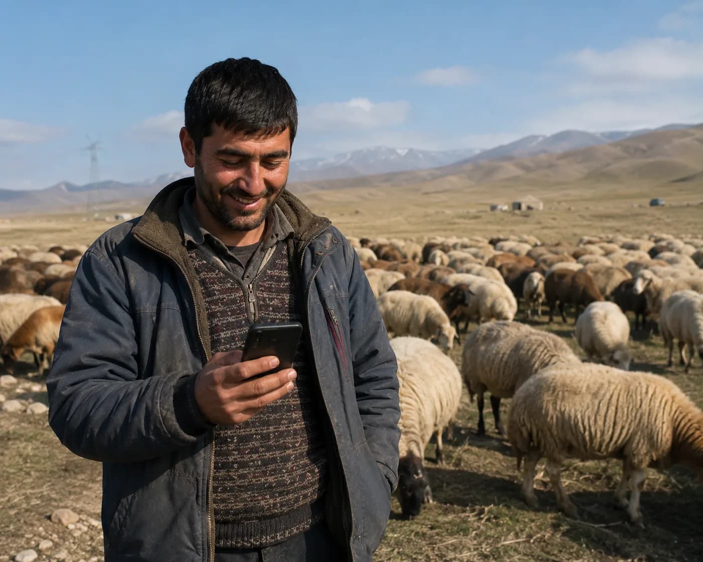 Çoban sürüsü ilə birlikdə telefonda Fermachi tətbiqini yoxlayır